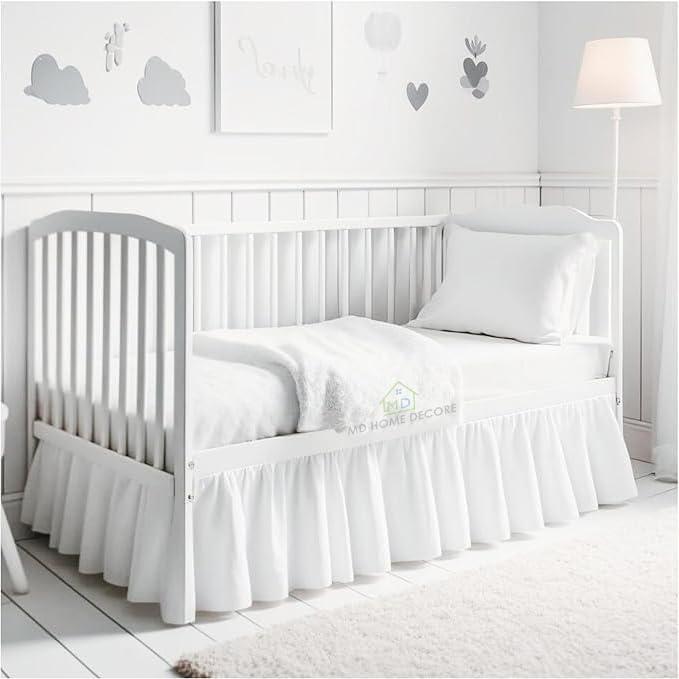 Crib Bed Skirt Dust Ruffle with Split Corners - 100% Cotton - Nursury Standard Crib Bedding Toddler Bedskirt for Baby Boys or Baby Girls - 14" Drop - White Crib Skirt (Crib Size :28W x 52L + 14" Drop)