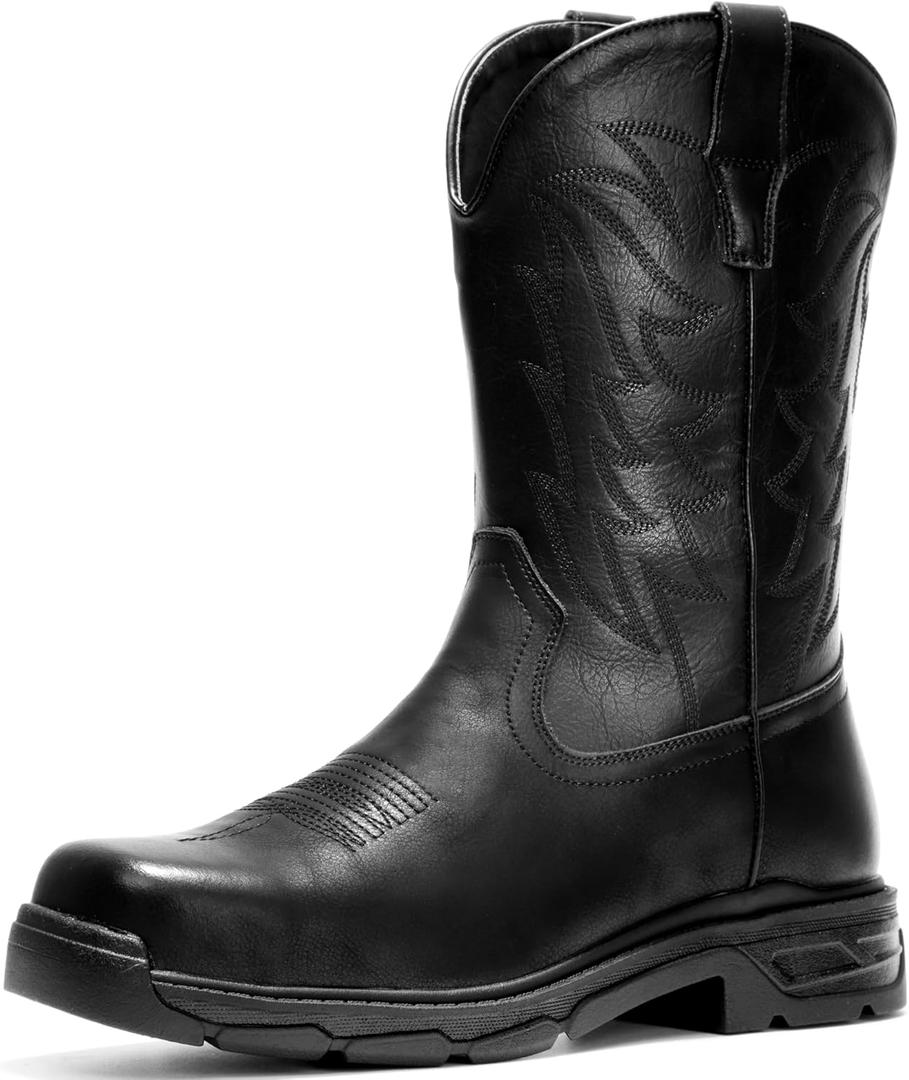 ANGRYRAM Cowboy Work Boots for Men Waterproof Square Toe Leather Western Boots Puncture Resistant Indestructable Steel Toe Safety Boots for Men (11, Black)