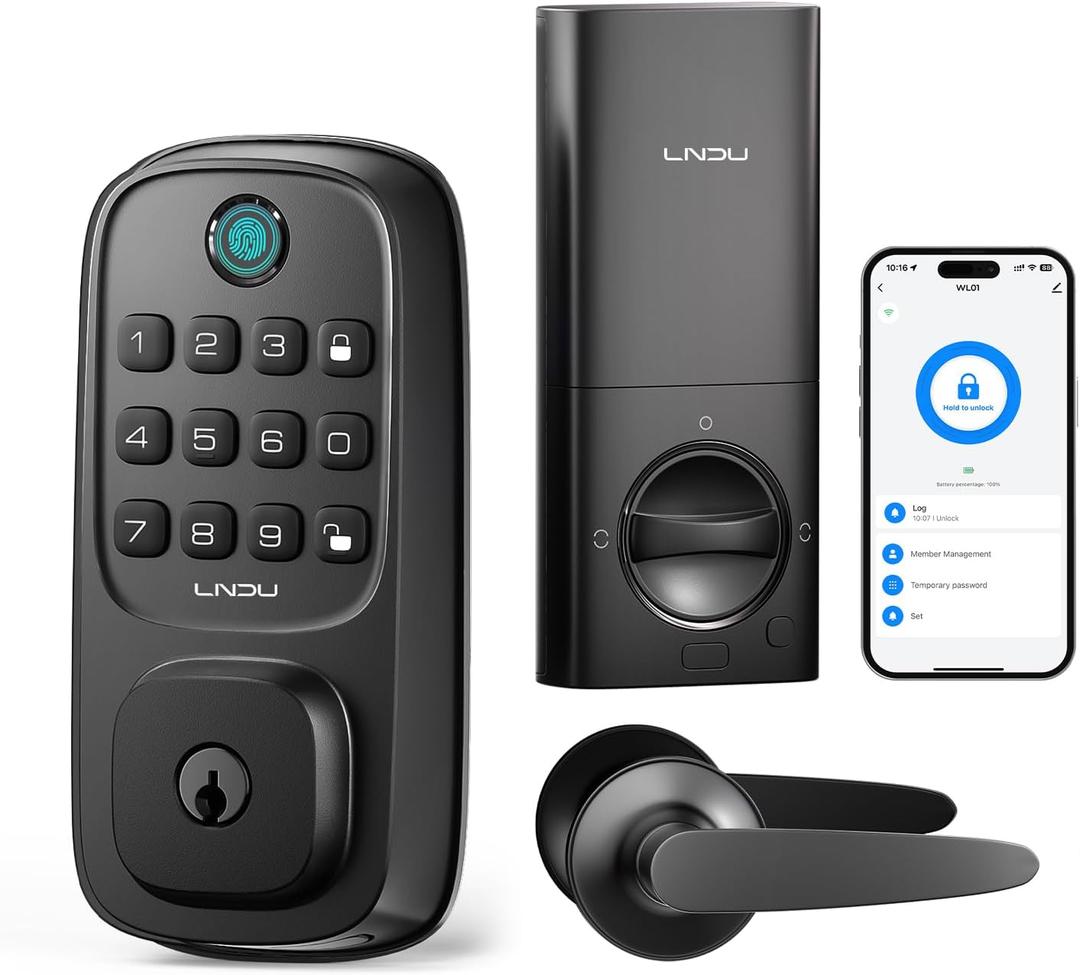 Smart Door Locks for Front Door, WiFi Smart Deadbolt Lock with Handle Set, Supports Fingerprint, Amazon Alexa, Google Assistant, App Control, Auto-Lock, One-Time Code, Anti-Peeking Password, Black