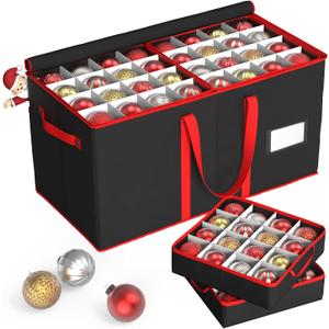 Kesfitt Christmas Ornament Storage Box with 8 Trays,Christmas Storage Container with Dividers Fits 128 Holiday Ornaments Decorations,Double Zipper,Large Xmas Organizer with Pockets(Black)