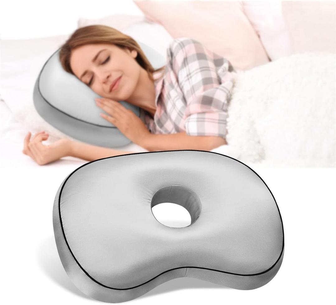 Ear Piercing Pillow with Hole for Side Sleepers for CNH and Ear Pain Inflammation Pressure Sores, Cotton and Polyester Adjustable Filling and Washable Ear Guard Pillow (Light Gray Silk)