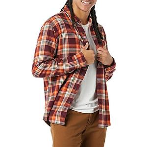 Men's Long-Sleeve Flannel Shirt, Burgundy Orange Plaid, Medium