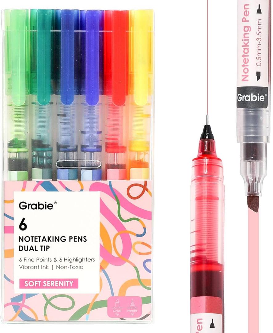 Grabie Dual Tip Notetaking Pens (3.5mm Chisel + 0.5mm Needle) Dual Tip Highlighter Markers for Journaling Colored Pens for Note Taking and Adult Coloring Books (Soft Serenity)