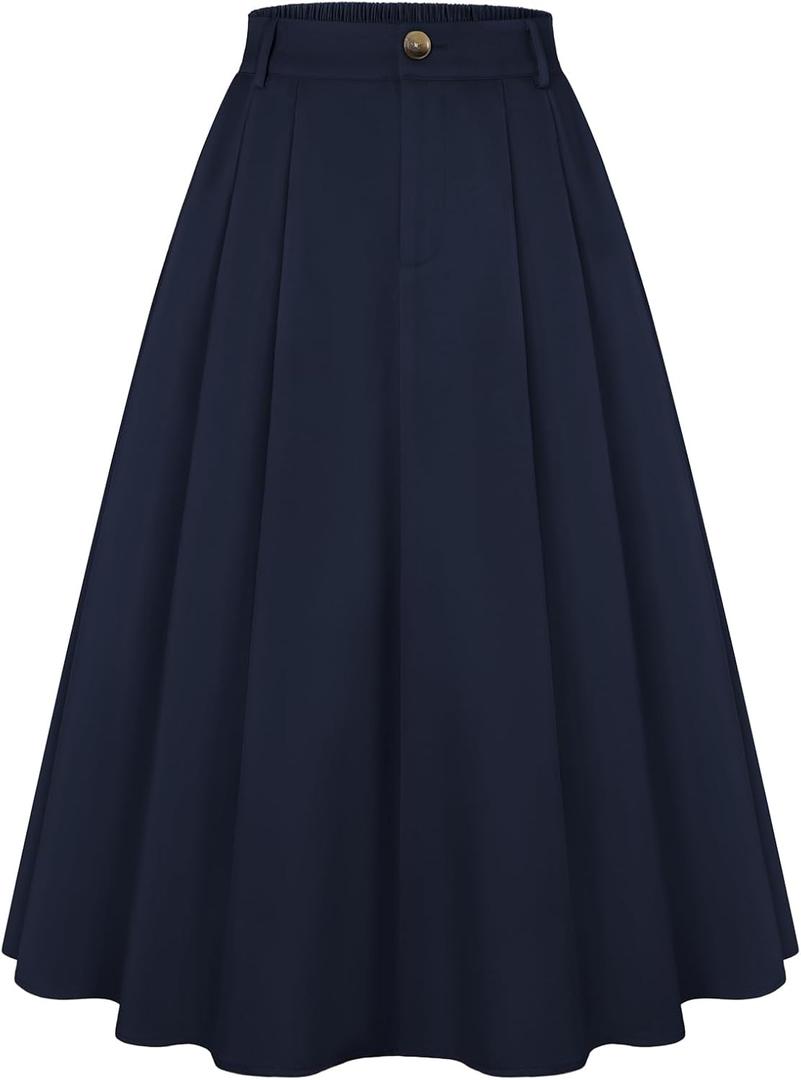 Belle Poque Women Vintage Pleated Skirt with Pockets A Line Midi High Elastic Waist Flared Skirt for Office Daily, Navy Blue Size L
