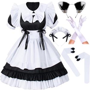 Irtysh Women Sweet Kawaii Costume Dress Anime French Maid Cosplay Furry Cat Ear Gloves Socks set (Large, Black-white)