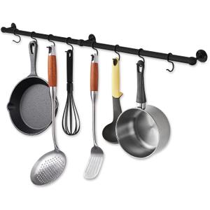 ROTHLEY Hanging Pot Rack Hanger: 39.4 Inch Stainless Steel Pot and Pan Hanger Pot Rack Wall Mounted Hanging Pots and Pans Rack Pot Hangers for Kitchen Utensil Rail with Hooks (Matt Black