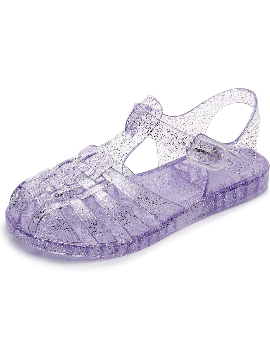 Jelly Shoes for Toddler Girls Summer Beach Retro Jellies Sandals T-Strap Slingback Little Kids Glitter White Size 34 Soft Closed Toe Princess Dress Flat Purple