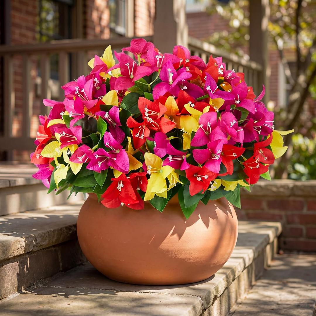 Daifunli 12 Bundles Artificial Flowers for Outdoors Realistic Bougainvillea Silk UV Resistant No Fade Flowers Fake Plants for Outside Window Garden Hanging Planters Decor(Mix Pink Red Purple Yellow)