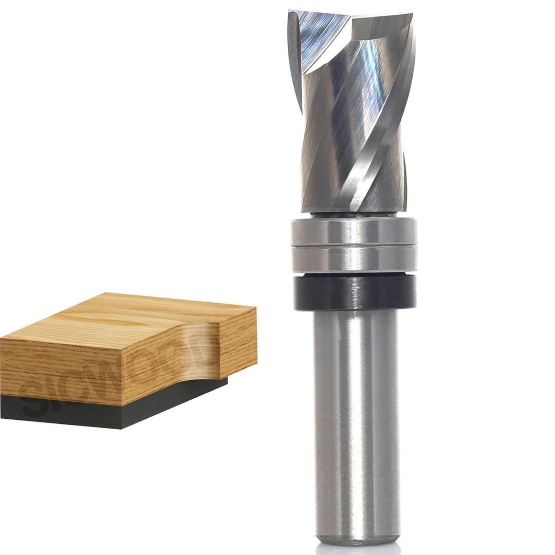 Top Bearing Flush Trim Router Bit 1/2 Inch Shank - Up-Cut 3/4" Cutting Dia, 1- 3/16" Cut Height, Carbide Spiral Pattern Template Flush Cut Router Bit, for Wood Trimming