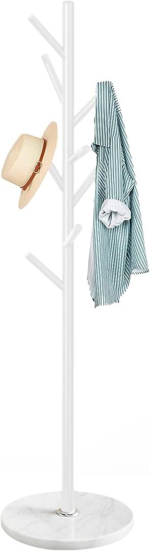Metal Coat Rack Freestanding, Metal Coat Rack Stand with Natural Marble Base, Modern Coat Racks with 8 Hooks, White Coat Tree Hanger Stand for Jacket, Bag, Entryway, Office