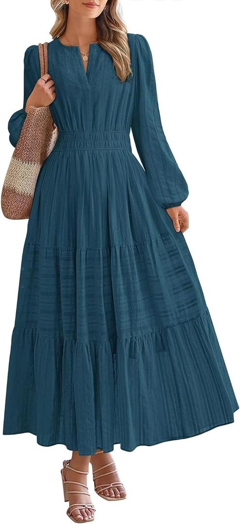Women's Long Sleeve Maxi Dress with Pockets Spring Fall 2026 V-Neck Flowy Casual Wedding Guest Dress Elastic Waist (Medium, Malachite Green)