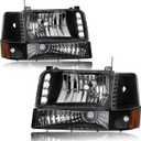 Pair Headlights for 1992-1996 Ford F150 F250 F350 Bronco Replacements w/LED Running Light Bar Amber Reflector Black Housing
