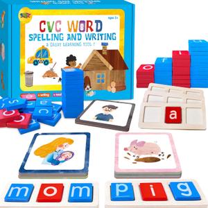 154 PCS Wooden CVC Word Spelling Game, Short Vowel Spelling Flashcards Sight Words Flash Cards Montessori Early Educational Toys for Preschool Kindergarten (5 Dry Erase Marker Included)
