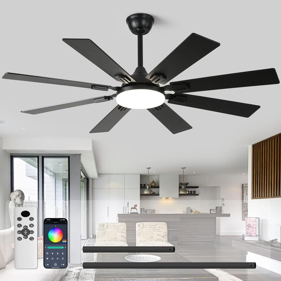 52" Ceiling Fans with Lights and Remote, Black Modern Ceiling Fan with 8 Dual Finish Blades,Quiet Reversible MotorFarmhouse Ceiling Fan with RGB Lights for Bedroom,Living Room,Patios