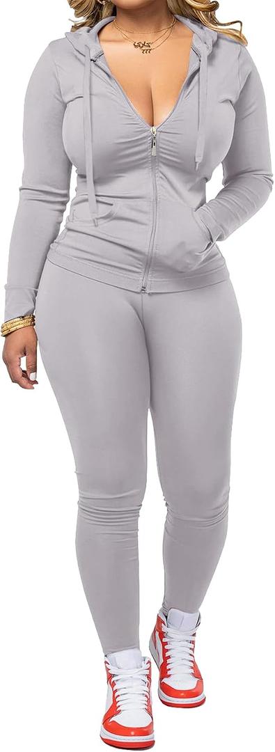 AUXDIO Women 2 Piece Outfits Casual Workout Sets Bodycon Tracksuit Zip Up Long Sleeve Hoodle Jacket Jogger Pants Set (Gray, M)