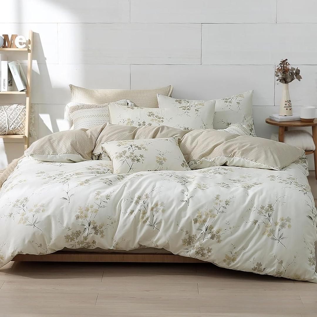 LEMIROE Floral Cotton Comforter King Size - Cream Comforter with Luxrious Grey Branches & Subtle Beige Blossoms, Reversible Lightweight Bedding Sets 3Pcs(104"×90")
