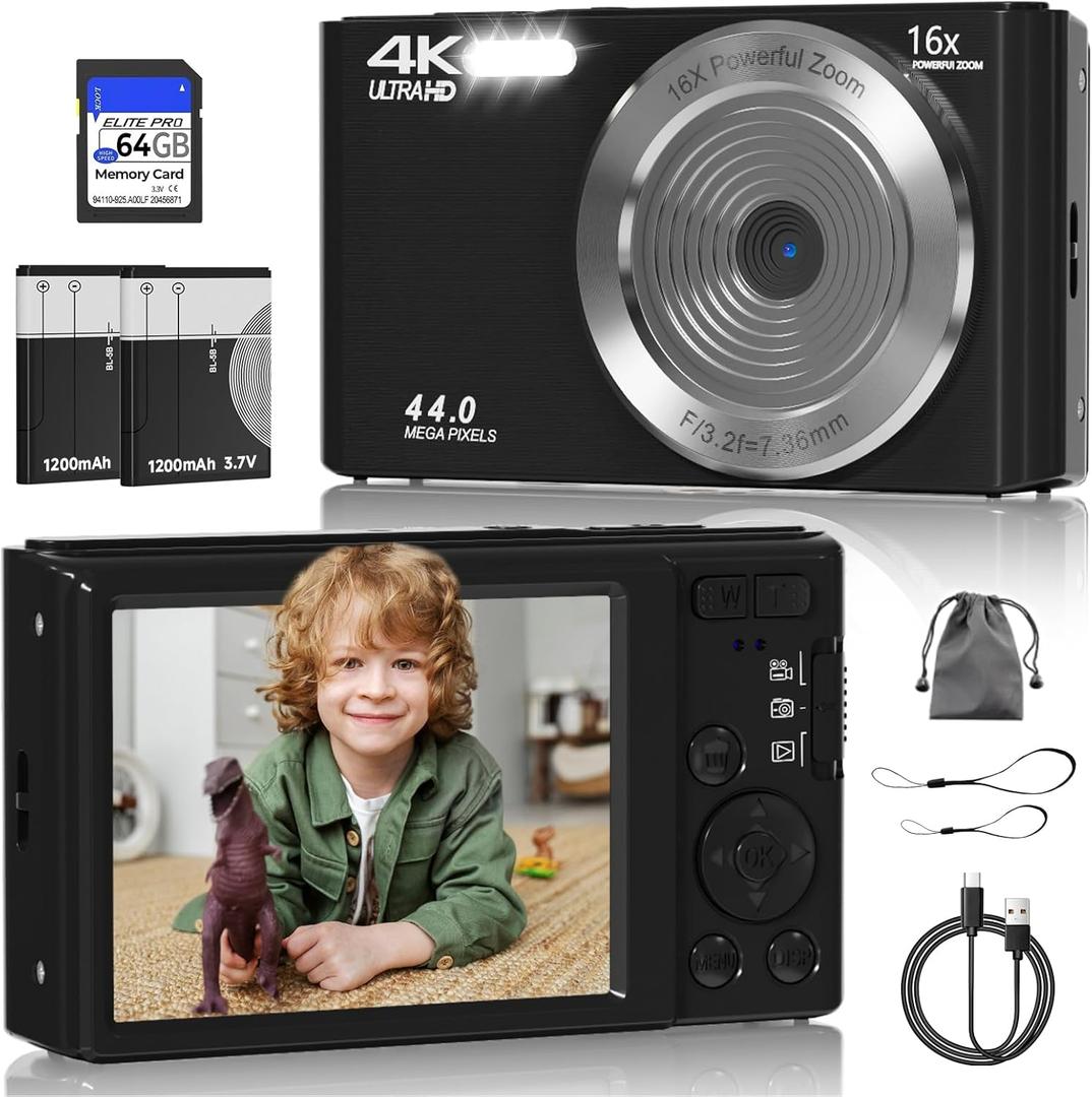 Digital Camera, FHD 4K 44MP Digital Camera, 16X Digital Zoom, Digital Point and Shoot Camera with 3-LED Fill Lights, 64GB SD Card, Compact Camera for Kids Teen Boys Girls, Black