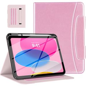 MoKo for iPad 10th Generation Case with Pencil Holder, Multi-Angle Viewing, Soft TPU Back Hand Strap, Pink