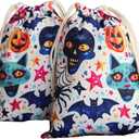 Halloween Bag 2 Pieces Printed Storage Drawstring Canvas Bag Halloween Theme Skull Bat (Multi)