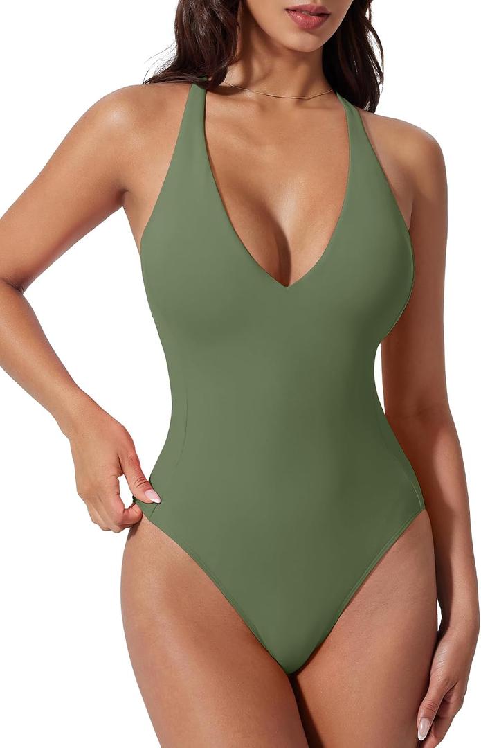 SUUKSESS Women Sexy Low Back One Piece Swimsuit Slimming Tummy Control Bathing Suit (Green, M)