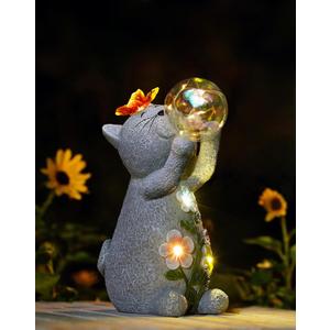 Goodeco Solar Cat Garden Statue - Outdoor Cat Decor with Solar Butterfly & Succulent Flowers LED Lights for Garden Enthusiasts - Ideal Gifts for Mom & Birthdays (Gray)