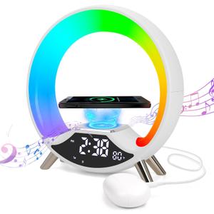 GuDoQi Sunrise Alarm Clock with Fast Wireless Charger Station and Bluetooth, Full Screen with Sunrise Simulation Light, Sleep Aid, Dual Alarms, FM Radio, More Than 10 Colors Nightlight for Bedrooms (White)