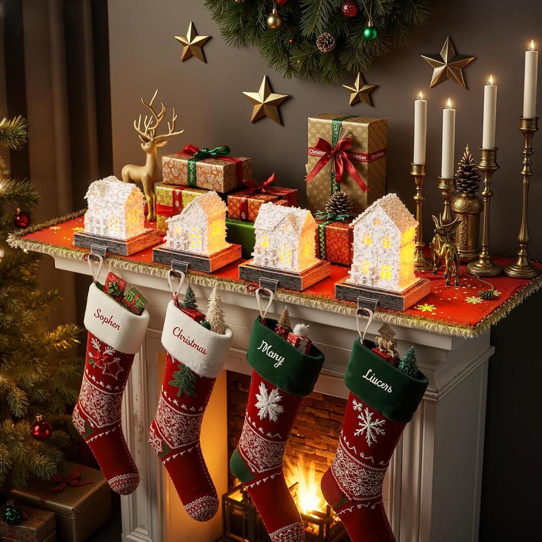 Mayrhofen Stocking Holders for Mantle and Garland Hanger, 4-Piece Resin Fireplace Hooks with LED Lights, Perfect for Christmas dcor and Holiday Party setups (Snow-white)