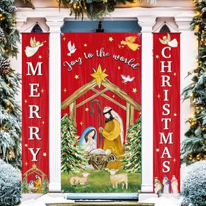 Tiamon 3 Pcs Christmas Nativity Door Decorations Jesus Christmas Door Cover Joy to the World Banner for Xmas Winter Religious Holy Night Church Home Front Decor