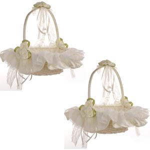 DULRLLY 2Pcs Wedding Flower Girl Basket, Hand-woven Storage Basket with Removable Handle and Rhinestone, Sweet Romantic Petals Basket, Lace Bowknot Bride Basket for Wedding (2 Pcs)