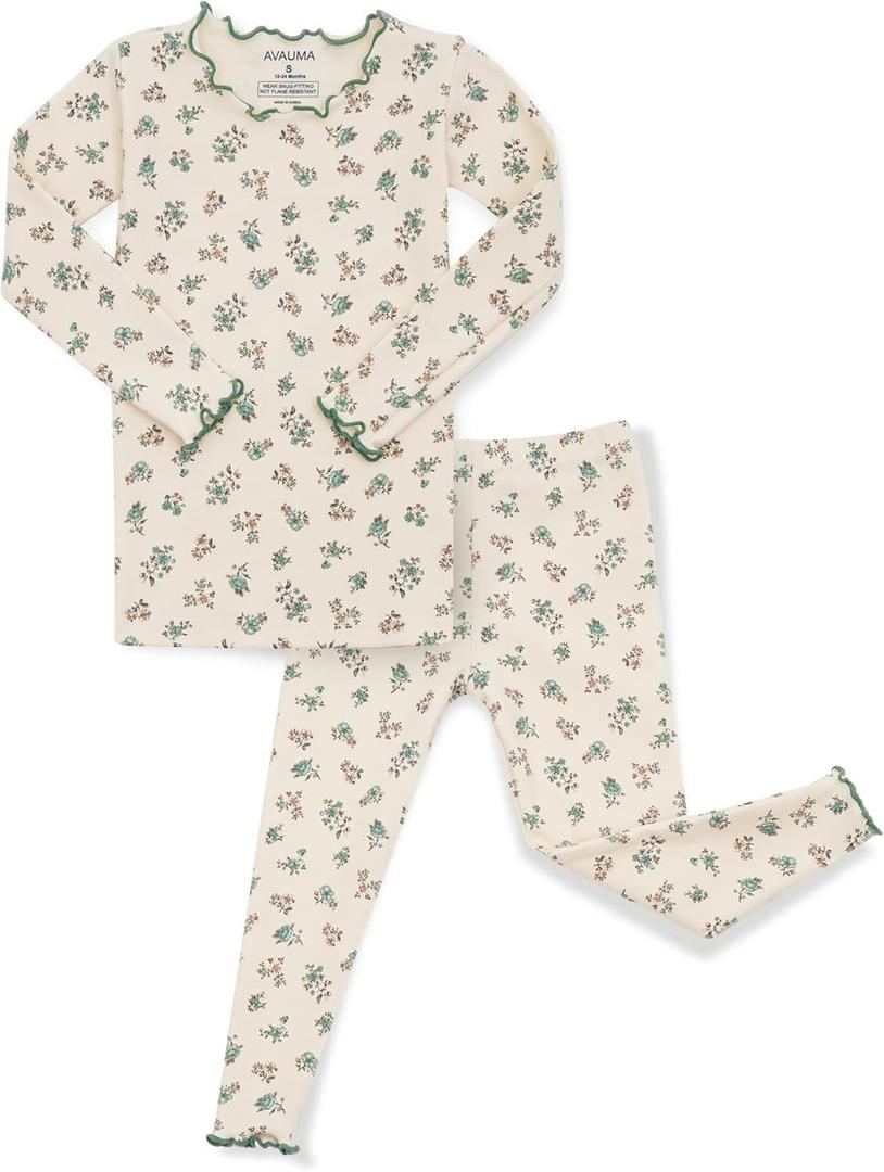 AVAUMA Baby Boy Girl Pajama Set 6M-7T Kids Cute Toddler Snug fit Flower Pattern Design Pjs Cotton Sleepwear Ruffled Shirring (12-24 Months, Laura_ivory/Mint Flower)