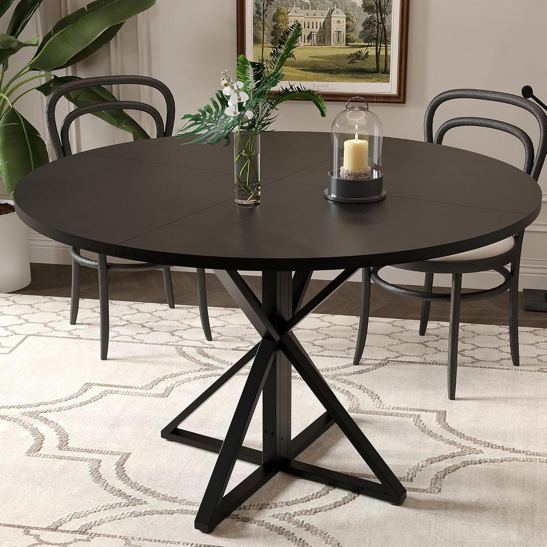 GarveeHome 47 inch Round Dining Table for 4, Black, Farmhouse Wood Circle Pedestal Kitchen Table, Circle Dinner Table for Kitchen & Dining Room