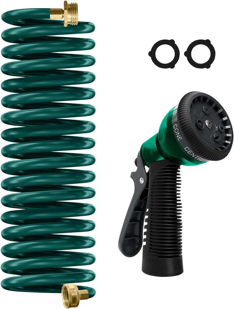 Coil Hose 15FT EVA Coil Garden Hose With 3/4'' Brass Connector Coiled Water Hose Lightweight And No Kink Includes 7 Patterns Spray Nozzle For Outdoors Lawn Watering Car Washing, Green