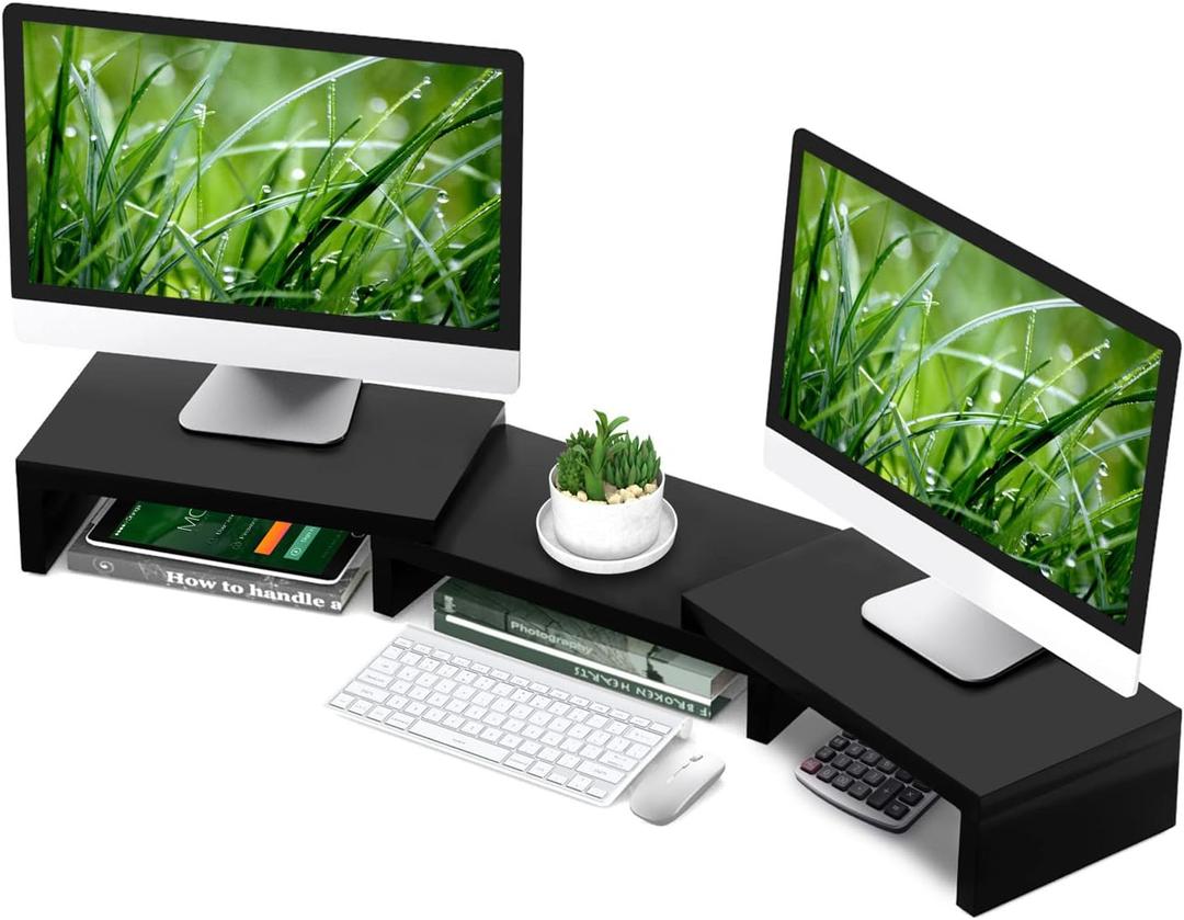 TAVR Dual Monitor Stand Riser Office Desktop Organizer Stand for 2 Monitors, Adjustable Length and Angle 3 Shelf, Extra Long Multifunctional Wooden Stand up to 43.3" fit Computer, Laptop, TV, Black