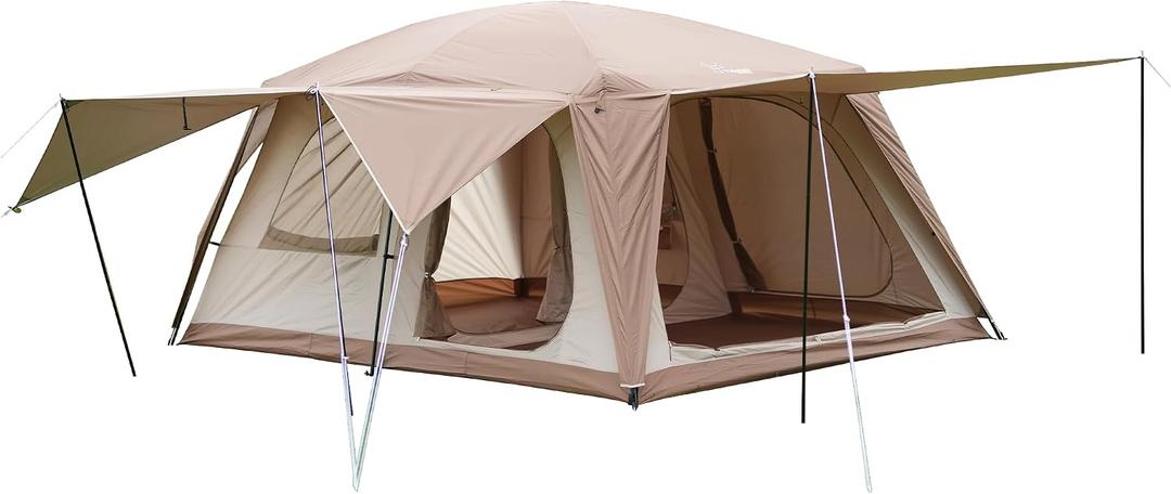 Vidalido 8-10 Person Camping Tent with 3 Door 2 Room Large Family Cabin Tents, Double Layer Waterproof Portable Glamping Tent, Big Tents for Outdoor Picnic Camping Hiking and Family Gathering,  Light Brown 