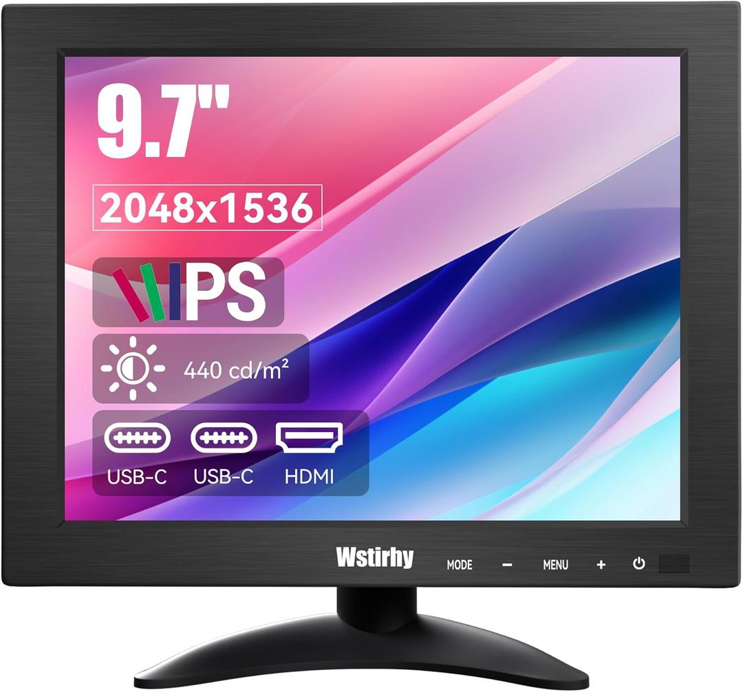9.7 Inch Small Monitor 2048x1536 IPS Display, 4:3 Second Screen, 440 Nit Brightness, Dual USB-C & HDMI, Built-in Speakers, VESA Mountable, External Monitor for Laptop PC Phone RasPi