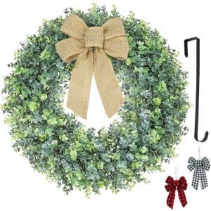 18inch Boxwood Wreath for Front Door, Spring Summer Fall Winter Wreath with 3 Bows and 1 Wreath Hanger Used in All Seasons for Front Door Back Door Indoor Outdoor Corridor (18inch) (Green)