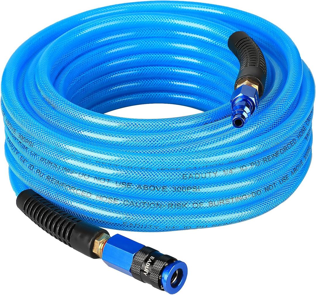 Heavy Duty Reinforced Polyurethane Air Hose 1/4 in x 50 ft, Lightweight, Flexible Compressor Hose with Universal Quick Coupler, Plug and Bend Restrictors, Blue