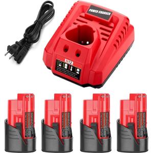 Powilling 4Pack 12V N12 Battery + Charger Compatible with Milwaukee 12V Cordless Tools - 3500mAh 48-11-2450