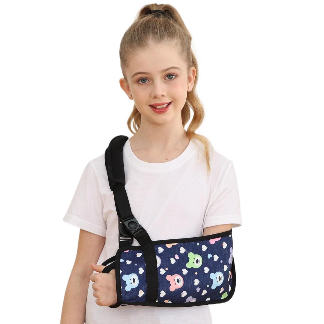 Pediatric Arm Sling for Kids - Adjustable Child Shoulder Immobilizer Brace for Broken Collarbone, Post-Surgery Support, Exquisite Printed Sling with Blue Bear Design (Small)