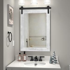 COGOOD Farmhouse Bathroom Mirror - 30 x 21 Rustic Wood Framed Wall Barn Door Mirror for Entryway, Living Room, Vanity Wall Decor (White)