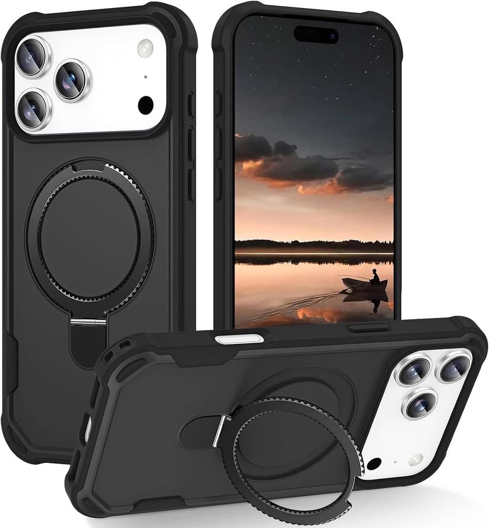 Compatible with iPhone 17 Pro Case with Invisible Magnetic Kickstand [Compatible with MagSafe] [10-FT Military Drop Protection] Slim Hard Back Soft Edge Phone Cover 6.3 Inch, Black