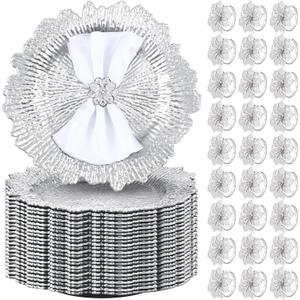 Dandat 100 Pcs Charger Plate Bulk 13'' Floral Reef Plates with Napkin Ring Plastic Dinner Charger Hollow Out Flower Napkin Holder Plastic Plate for Table Setting Wedding Party (Silver)
