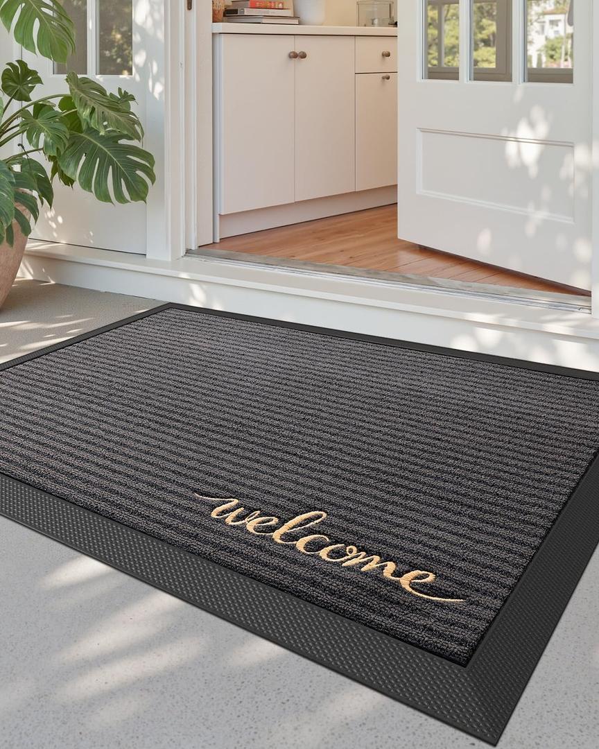 DEXI Front Door Mat Outside Entrance, 31x47 Rubber Entry Doormat Heavy Duty, Non Slip Welcome Mats for Inside House Floor Entryway Exterior Patio, Welcome Grey