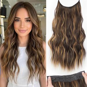 KooKaStyle Invisible Wire Hair Extensions with Transparent Headband Adjustable Size 4 Secure Clips Long Wavy Secret Wire Hairpiece 20 Inch Chestnut Brown with Blonde Highlights for Women