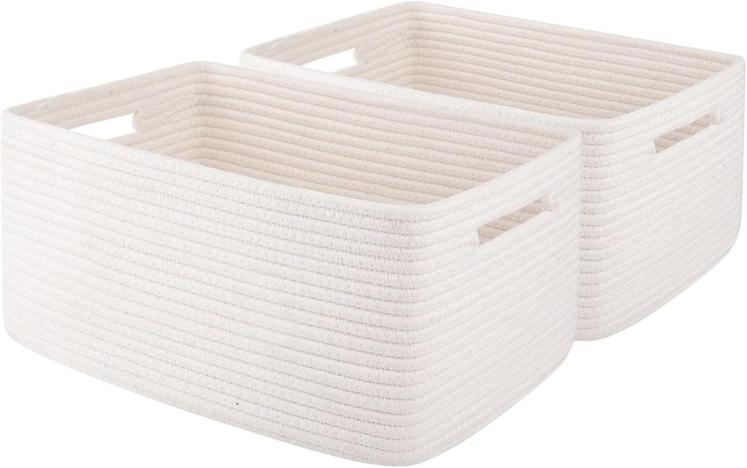 OIAHOMY Storage Basket for Shelves, Closet Cube Storage Bins Baskets for Clothes Blanket Towels, Baby Nursery, Toy Baskets Box, Woven Rope Basket, 15.75 * 11.81 * 7.09 IN, 2 Packs White