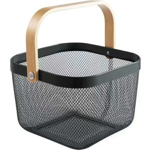 AJIODA Metal Mesh Steel Basket, Storage Organizer Basket Multi-functional Hanging Kitchen Baskets Fruit Basket Bin with Bamboo Handle for Kitchen Bathroom Picnic Shopping Decor Cabinet Home, Black