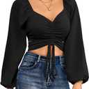 Rooscier Women's Drawstring V Neck Ruched Lantern Long Sleeve Tie Back Crop Top Blouse