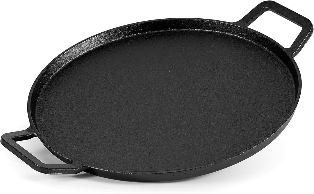 Onlyfire Cast Iron Pizza Pan, 14 Inch Baking Pan with Handles, Pre-Seasoned Skillet Round Griddle Pan for Grill BBQ, Baking Stove and Oven
