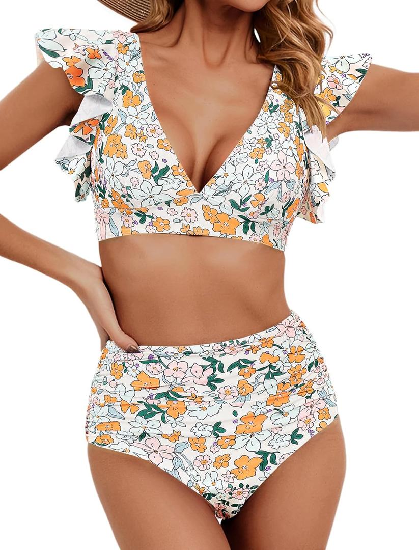 Women Ruffle High Waisted Swimsuit Two Piece Tropical Print Swimsuit Push Up Bathing Suit (Medium, Orange Ditsy Print)