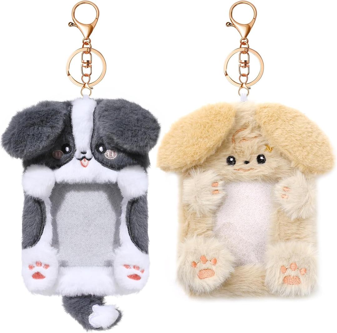 NEWEST 2PCS Puppies Plush Kpop Photocard Holder with Keychain, Cute Dog ID Badge Holder, Soft Cartoon Animal Photo Protective Sleeve Case Card Cover for Kpop Idol Photo Card School Office Card Supply (Border Collie & Labrador)